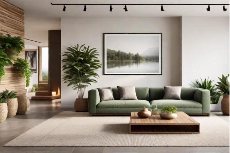 A bright living room with a green sofa, indoor plants and a wall painting